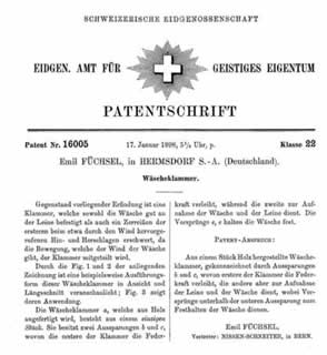 Patent - Emil Richard Füchsel Hermsdorf S.A. - Erfinder der federnden Wäscheklammer