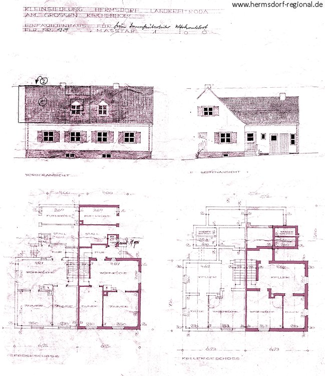Teil 1 der Bauzeichnung eines Siedlerhauses für den Bauherrn Alfred Mulisch, Kichenholzsiedlung 13 (Hermann-Käppler-Platz 13) 