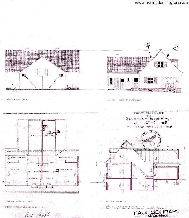 Teil 2 der Bauzeichnung eines Siedlerhauses für den Bauherrn Alfred Mulisch, Kichenholzsiedlung 13 (Hermann-Käppler-Platz 13) 