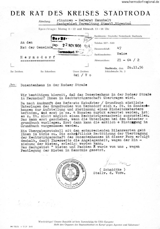Übetragung der Rechtsträgerschaft - Schreiben vom 20.11.1956.