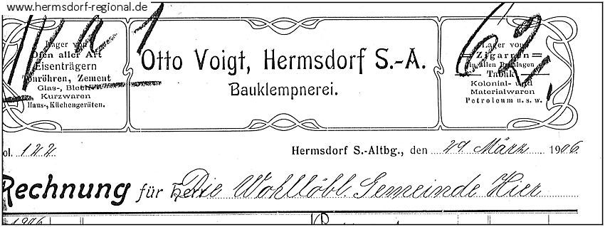 Rechnung vom 29.03.1906 - im Adressbuch von 1912 erscheint Otto Voigt noch als Klempnermeister.