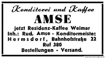 Am 31.12.1948 wurde das „Residenz-Kaffee“ („Haus Resi“) in Weimar durch Konditormeister Rudolf Amse wieder eröffnet und geführt. 