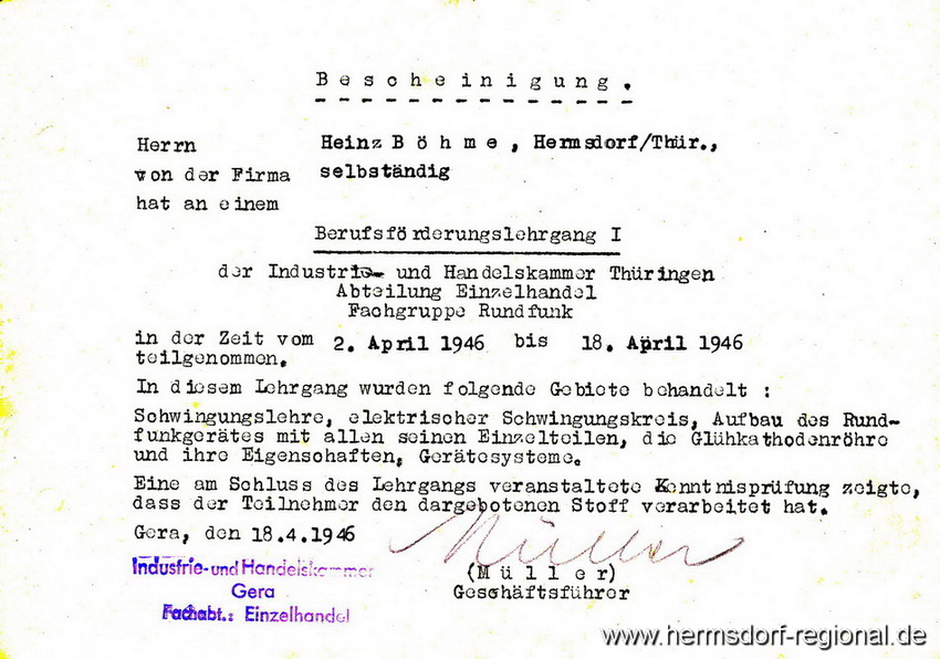 Bescheinigung über berufliche Qualifizierung vom 18.04.1946 