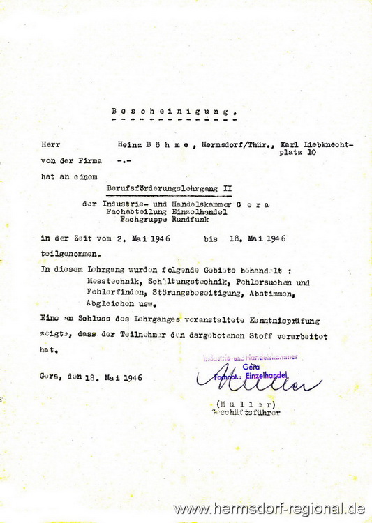 Bescheinigung über berufliche Qualifizierung vom 18.05.1946 