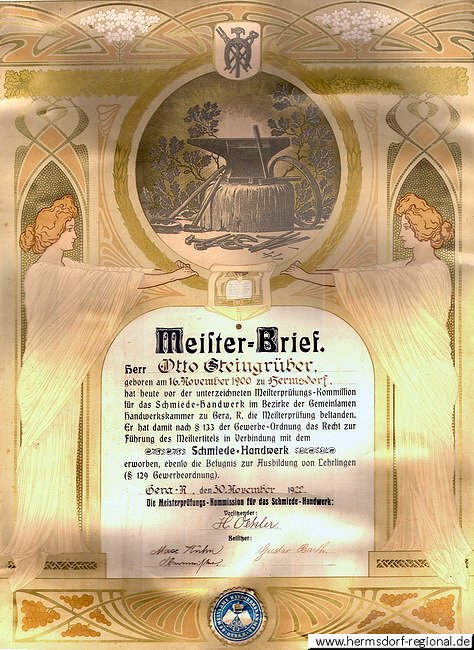Am 30.11.1922 erwarb Otto Steingrüber den Meisterbrief.