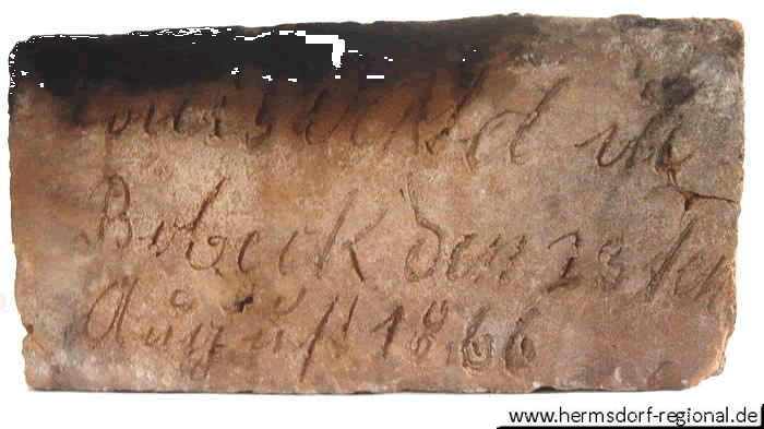 Ziegelstein mit der Aufschrift: "Louis Oertel aus Bobeck den 23. August 1866"