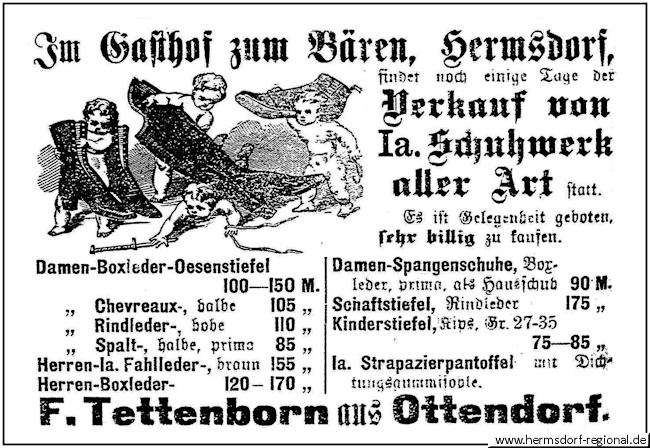 Reklame für Schuhverkauf der Firma F. Tettenborn Ottendorf aus dem Jahr 1923.