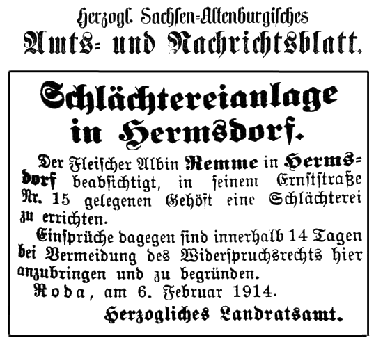 Anzeige von 1914 aus dem Amts- und Nachrichtsblatt