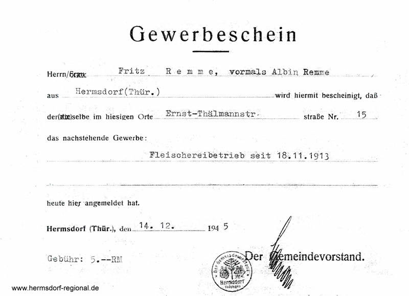 Gewerbeanmeldung vom 14.12.1945 mit Nachweis über das Gewerbe seit dem 18.11.1913