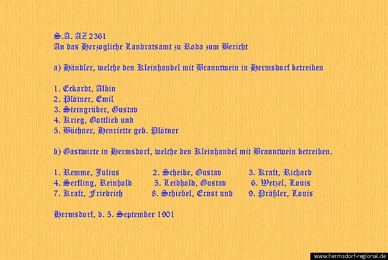 Liste vom 05.09.1901 Gastwirte und Händler in Hermsdorf, die Branntwein vertrieben. 