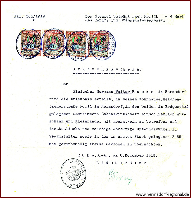 Erlaubnisschein vom 08.12.1919 für Walter Remme 