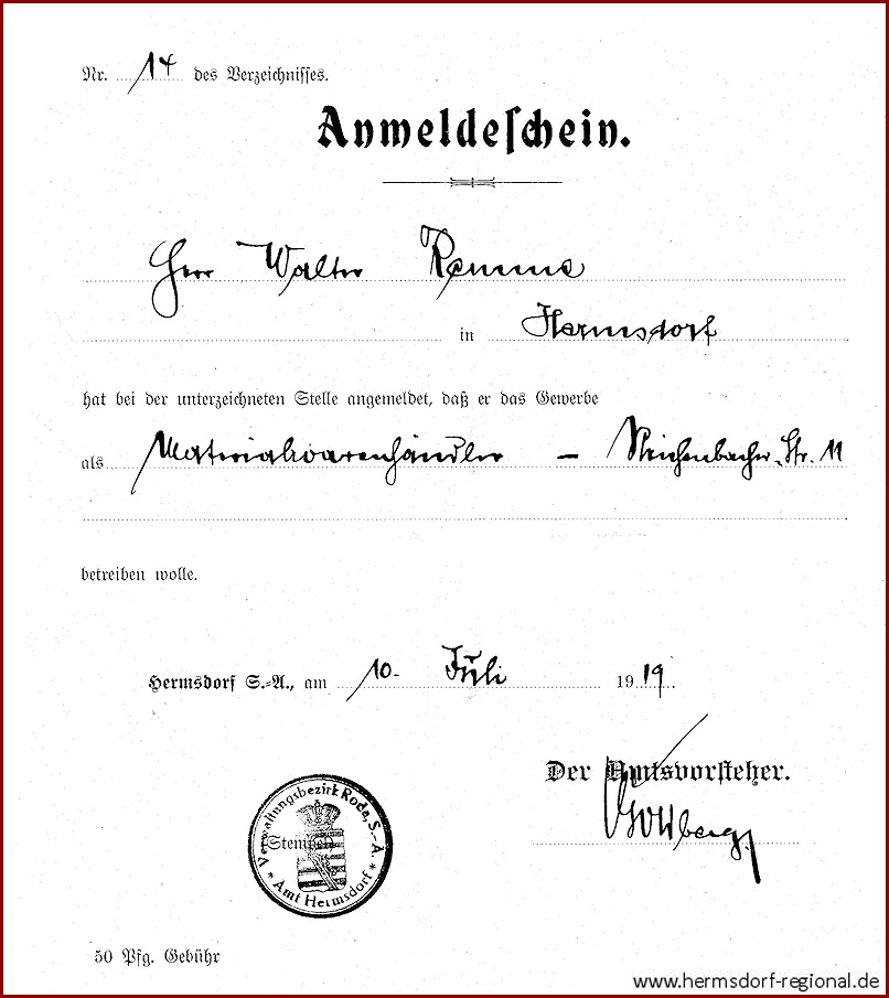 Gewerbe - Anmeldeschein Walter Remme vom 10.07.1919 