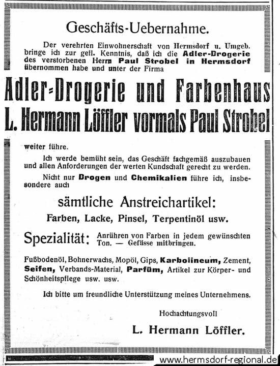 Anzeige 1932 Geschäftsübernahme Stobel - Löffler