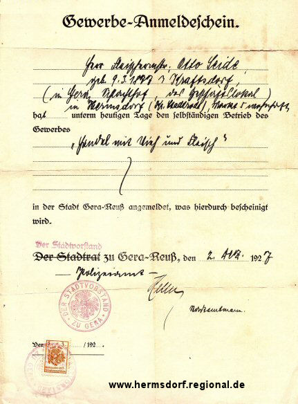 Gewerbeanmeldung zum Handel mit Vieh und Fleisch für Fleischermeister Otto Seide. 