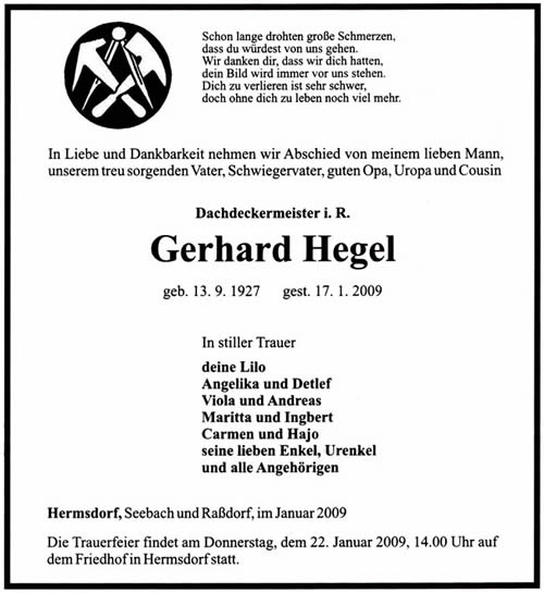Gerhard Hegel verstorben am 17.01.2009