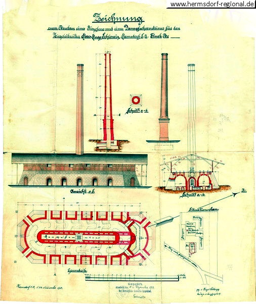 Zeichnung zum Neubau eines Ringofens und eines Dampfschornsteines für den Ziegeleibesitzer Herrn Hugo Schlenzig, Hermsdorf, S.A