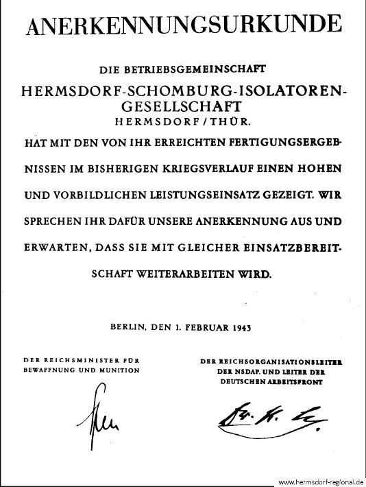 Anerkennungsurkunde vom 01.02.1945 unterzeichnet vom Reichsminister für Bewaffnung und Munition Albert Speer und Reichsorganisationsleiter der NSDAP und Leiter der Deutschen Arbeitsfront (DAF) Dr. phil. Robert Ley.
