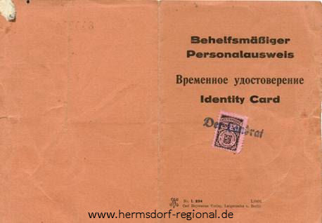Behelfsmäßiger Personalausweis von Wilhelm Bauer ausgestellt am 19.12.1946