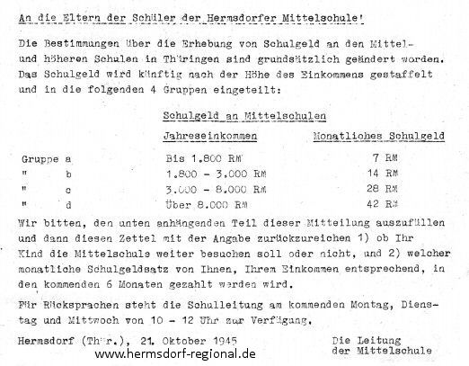 Staffelung des Schulgeldes ab Oktober 1945